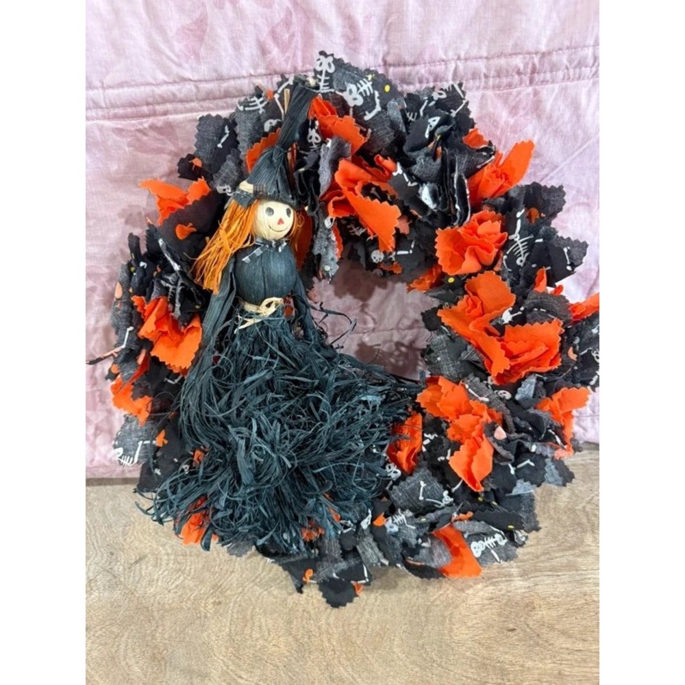 Halloween Wreath Witch Raffia Rag Skeleton Fabric 12" Door Decor Vintage Style
